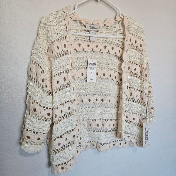 NWT Chicos Sequin Knit Lovely Lucelle Cardigan Sweater Alluring Ivory, Large 2 - Picture 3 of 8